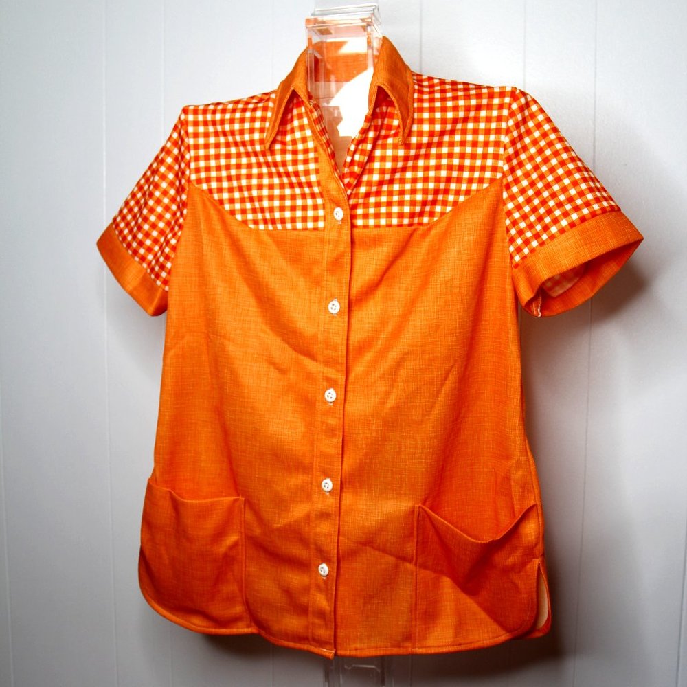 Vintage Button Up Shirt - Women's 1970's Orange Button Down